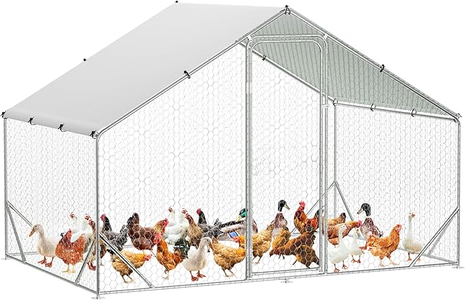 Large Metal Chicken Coop Run,Outdoor Walk-in Cage Peak Hen House with Waterproof and Anti-Uv Cover,Spire Roof Hen House with Security Lock for Outdoor,Backyard and Farm, 9.8 x 6.5 x 6.5 ft