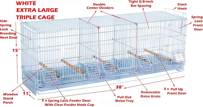 Combo: Extra Large White Stack & Lock Breeder Bird Flight Cage Breeding Nest Door Removable Divider with Removable Rolling Stand 38"x11"x15"H LOT-2