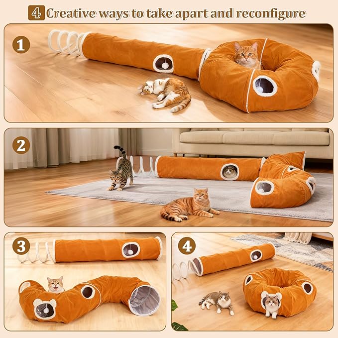 Ownpets 2-in-1 Cat Tunnel, Large Lollipop Shape Cat Tunnel Toy with Fluffy Balls, Spiral Toy, Plush Collapsible Cat Cave Hideout Donut Tunnel for Multi Kitten Puppy Rabbit, Orange