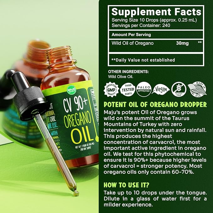MAJU Oregano Oil Drops - Potent 90%+ Carvacrol (2 fl Oz) Wild Mediterranean Essential Liquid, Aceite de Oregano, Immune and Seasonal Support (3-Pack)