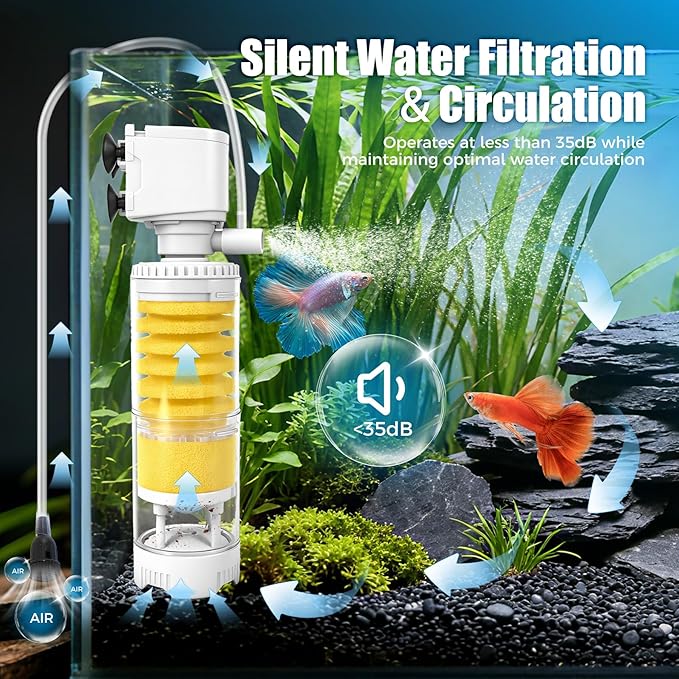 Fish Tank Filters for 10-20 Gallon Tank, 4-in-1 Aquarium Filter with Multi-Layer Filtration, Adjustable Oxygenation & Wavemaker, Impurity Separation