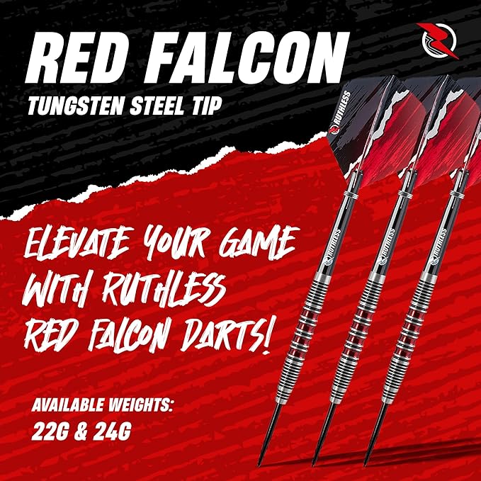 RUTHLESS Red Falcon Professional Tungsten Steeltip Darts Set in 22g and 24g, with Flights and Stems Shafts