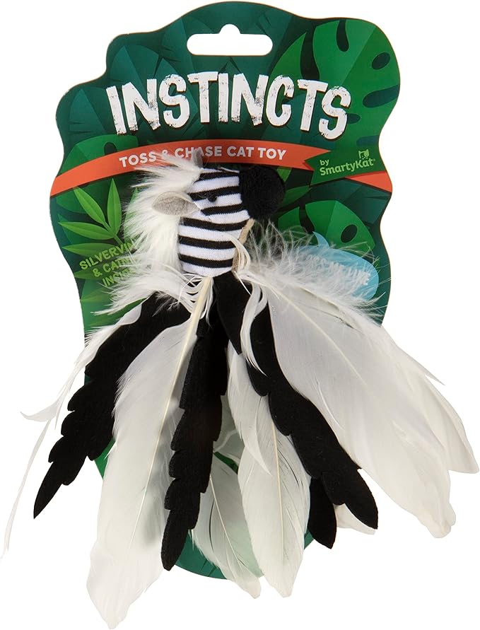 Instincts by SmartyKat HappyNip Zingy Zebra Feathered Toss & Chase Interactive Cat Toy, Contains Catnip & Silvervine - White/Black, One Size