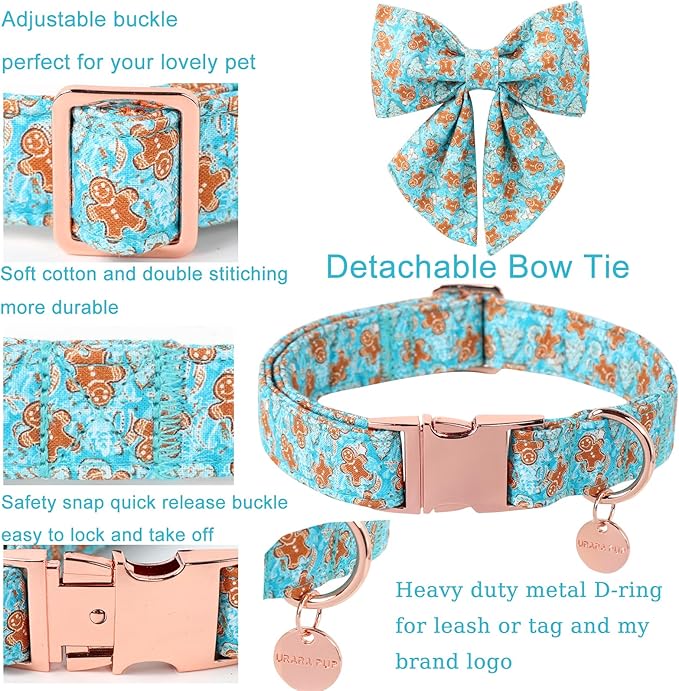 Christmas Dog Collar with Bow Tie,Adjustable Gingerbread Pet Collar,Chriatmas Puppy Bowtie Collar for Small Medium Large Dogs,M,Neck 13.5-22in