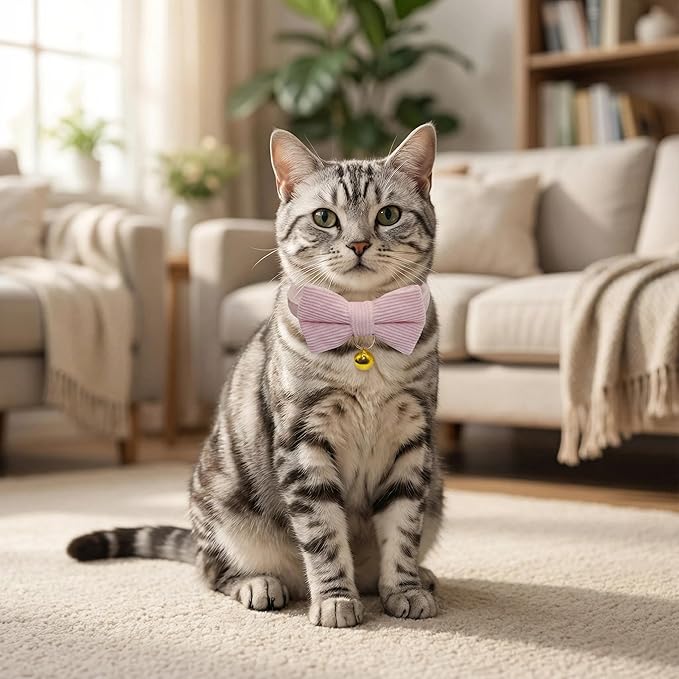 THAIN Cat Collar with Bow Tie and Bell, Breakaway Adjustable Cute Soft Corduroy Kitten Collars Safety Buckle for Girl Cats(Solid Pink)