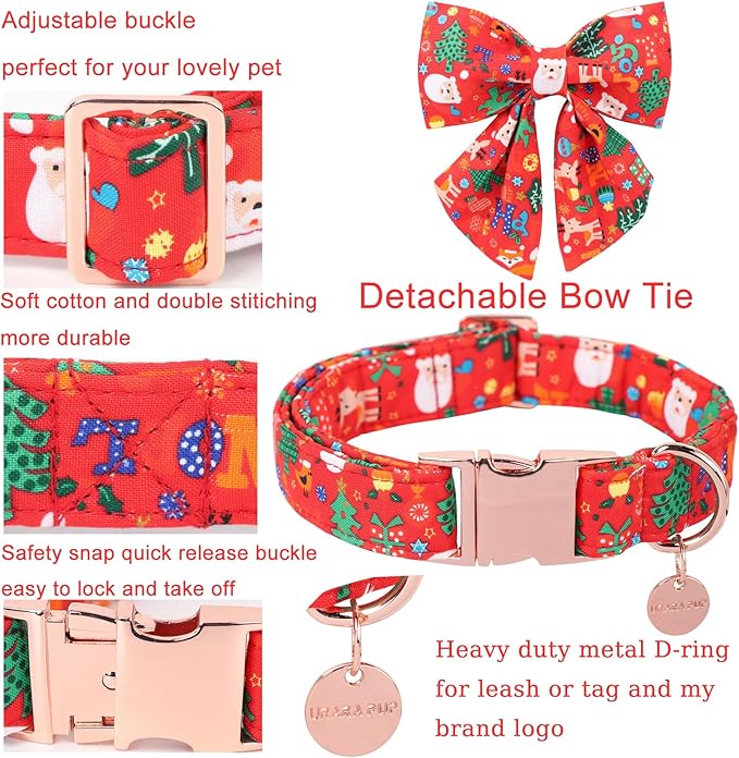 Christmas Dog Collar with Bow Tie, Christmas Collar for Puppy Girl Boy Dog or Cat, Bowtie Dogs Collars with Durable Metal Buckle, Cute Pet Collars, S
