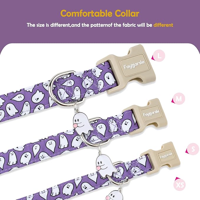 Faygarsle Halloween Dog Collar with Charm, Purple with Ghost Pattern, for Small Medium Large Dogs M