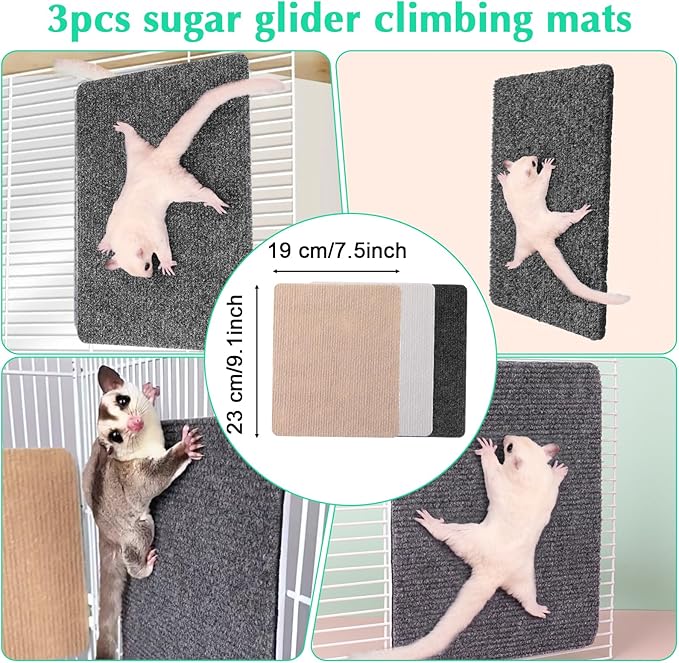 Sugar Glider Toys, 3 Pcs Self-Adhesive Sugar Glider Climbing Mats Sugar Glider Cage Accessories for Sharpening Claws Small Pets Scratching Pads Enrichment Toys for Wall & Furniture Protectors