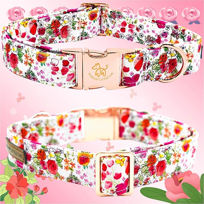 Elegant little tail Dog Collar, Pink Rose Print Pet Collar Summer Dog Collar Durable Metal Buckle Dog Collars Cotton Pet Adjustable Dog Collars for Large Dogs