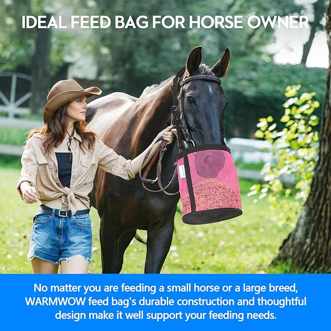 Horse Feed Bag Pack of 2, Feed Bags for Horses with Ventilation Mesh, Comfort Nose Pad Neck Pad, Adjustable Strap, Spill Proof Design for Independent Feeding Grain, Supplements (Pink)