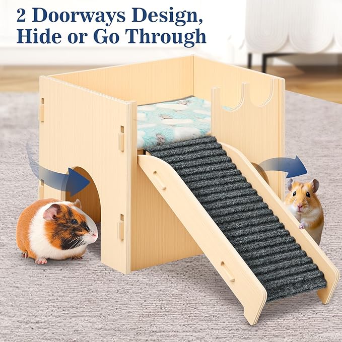 Pawaboo Guinea Pig and Hamster House, 2-in-1 Guinea Pig Hideout with Stairs and Cushion, Sturdy Wooden Hamster Castle Easy to Assemble, Detachable Small Animal House Bed Hut Habitats with Ramps