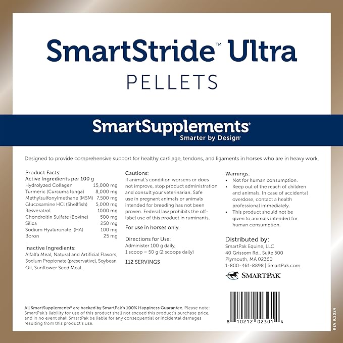 SmartStride Ultra Pellets | Horse Joint Supplement, Horse Pellets with Glucosamine | Supports Joint Range of Motion, Strong Tendons and Ligaments | 112 Servings | 24.7 lb Bucket