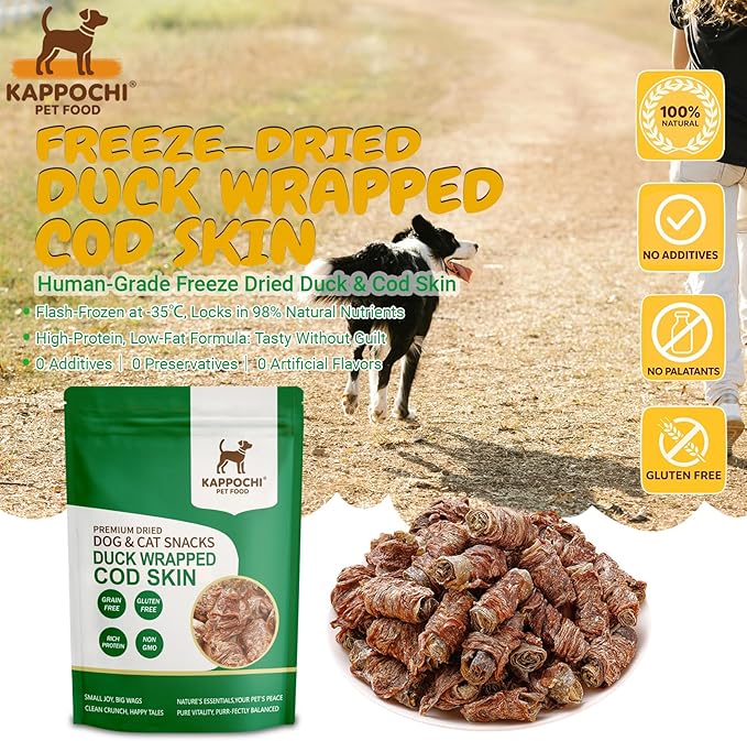 Freeze Dried Duck Wrapped Cod Skin Dog Treats, Rich in Omega-3, 2.8 Ounce (80.0g), Single Ingredient, High Protein Training Treats, Natural & Raw, No Additives, Grain Free, Gluten Free