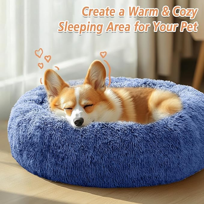 JOLLYVOGUE Calming Dog & Cat Bed for Large Dogs, Anti-Anxiety Donut Cuddler Cozy Soft Round Bed with Anti-Slip Bottom, Fluffy Faux Fur Plush Cushion Beds for Medium Dogs (36")