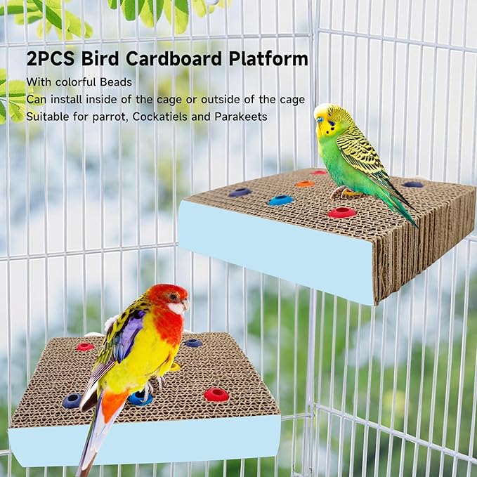 2PCS Bird Chew Toys Parrot Cardboard Perch for Cage Bird Resting Platform Stand with Colorful Beads Parrot Playground Exercise Toys Parakeets Cage Accessories for Conures, Budgies