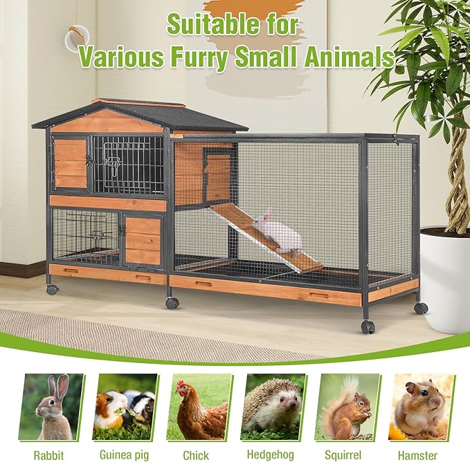 Gutinneen 2-Story Rabbit Hutch Indoor Bunny Cage Large Rabbit Cage Outdoor with Chew-Proof Full Metal Frame, Locking Wheels, 2 Pull-Out Trays for Rabbits, Guinea Pigs, Small Animals (Brown & Black)