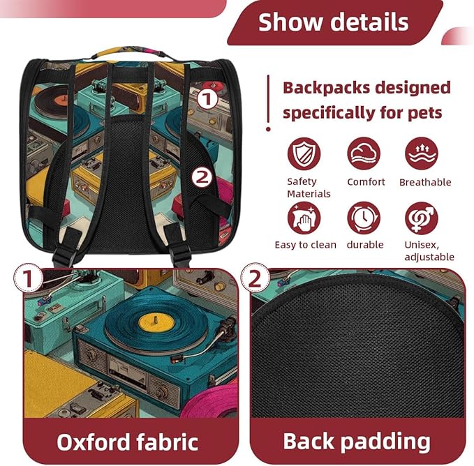 Color Record Player Pattern (2) Pet Cat Backpack Carrier for Kitty Small Dog, Ventilated Pet Carrier Bag for Car, Walking, Hiking, Outdoors