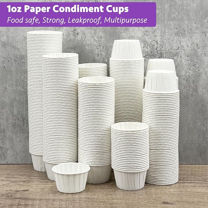 CAMKYDE 200 pcs White Paper 1 oz Leak-Proof Disposable Ketchup Cups - Perfect for Parties, Birthdays, and More (Pack of 200)