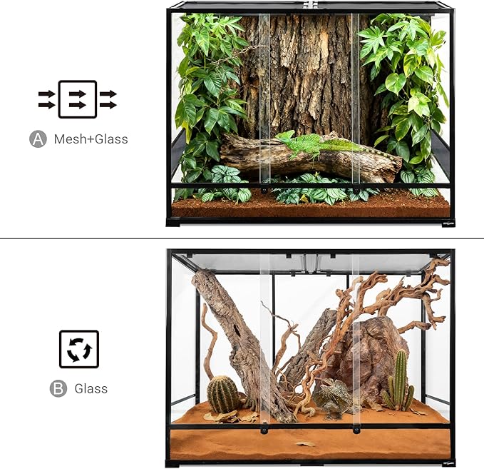 REPTI ZOO Large Glass Reptile Tank 48"x18"x36", 130 Gallon Vertical Reptile Terrarium with Front Opening Door & Ventilated Mesh, Paludarium Tank for Chameleon lizard Frogs Arboreal Reptiles Amphibians