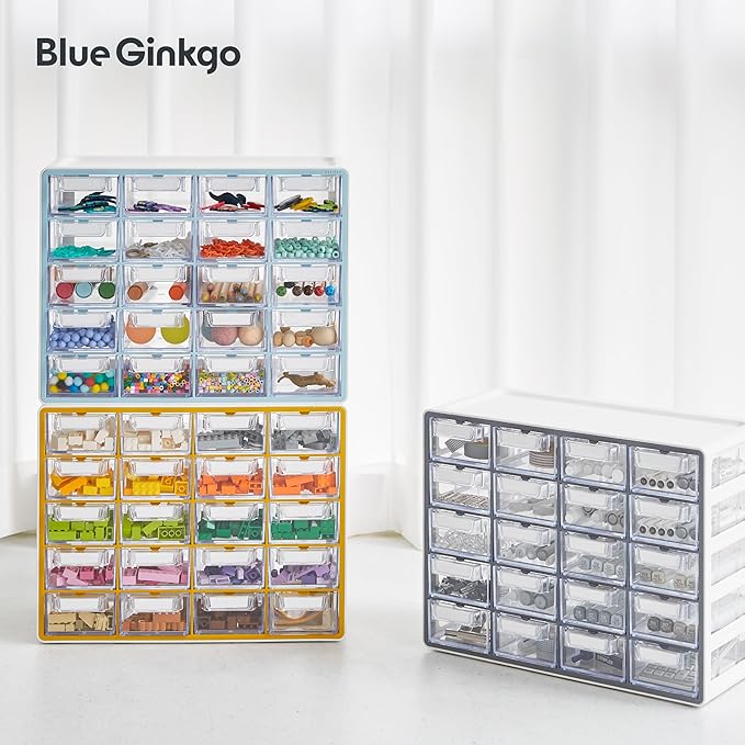 Blue Ginkgo Small 20-Drawer Cabinet – Stackable Clear Organizer for Hardware, Beads, Plastic Bricks, Office, and Craft Storage (Made in Korea, Gray)