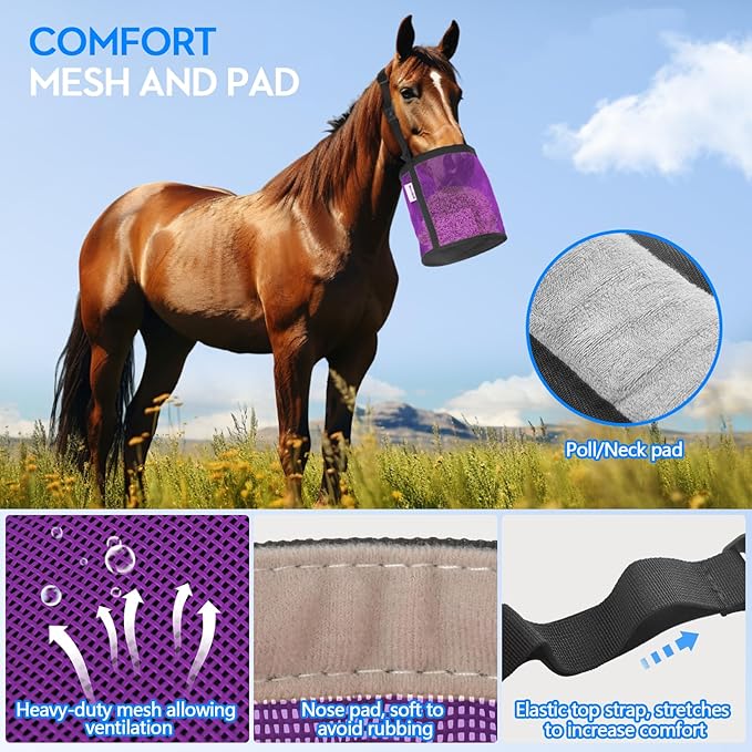 Horse Feed Bag Pack of 2, Feed Bags for Horses with Ventilation Mesh, Comfort Nose Pad Neck Pad, Adjustable Strap, Spill Proof Design for Independent Feeding Grain, Supplements (Purple)