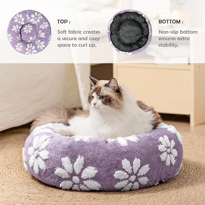 Donut Dog Beds for Small Dogs, Calming Round Cat Beds for Indoor Cats, Cute 3D Textured Flower Pet Bed with Removable Washable Cover and Anti-Slip Bottom（Purple，20"）