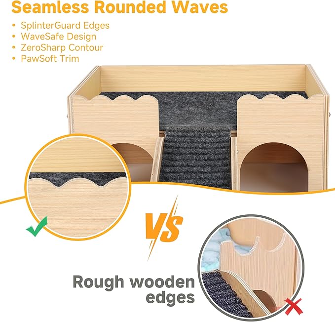 Wooden Guinea Pig Hideout Castle with Stairs,Small Animal Bed Hut Habitats Spacious 2-Level Detachable Small Pet House for Rabbits, Hamsters & Chinchillas Bunny (Grey)