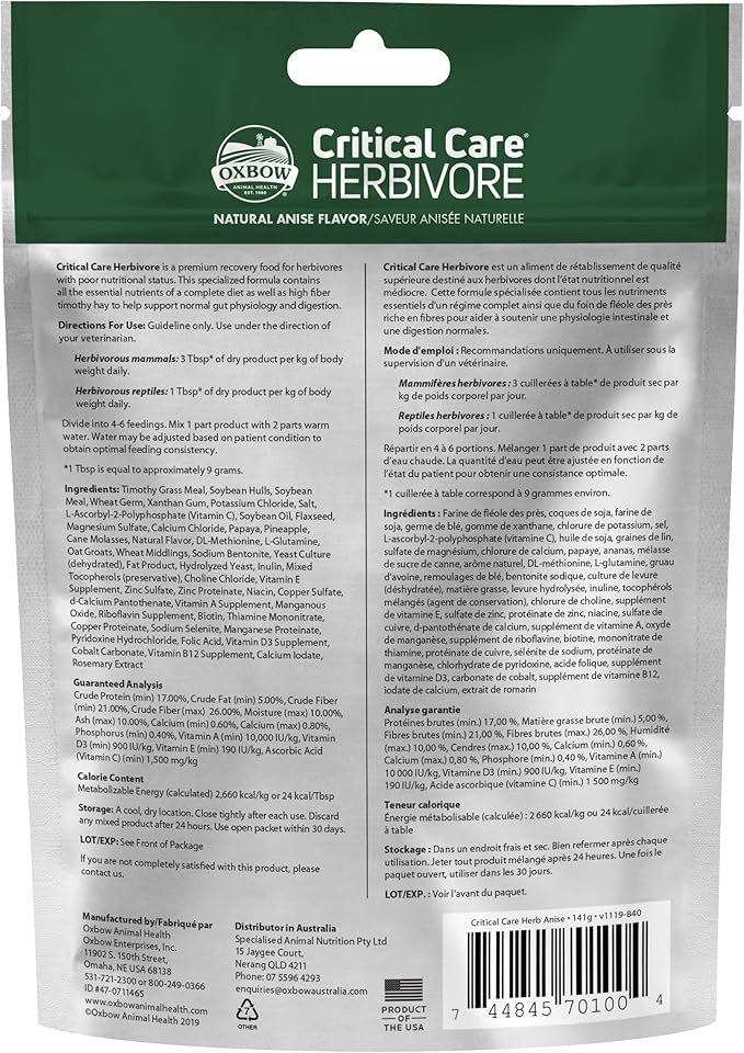 Oxbow Critical Care Herbivore, Emergency Guinea Pig Food, Rabbit Food for Recovery, Made with Timothy Hay, Anise Flavor, Veterinary Formula, Critical Care for Guinea Pig Emergency Kit, 141 gram bag