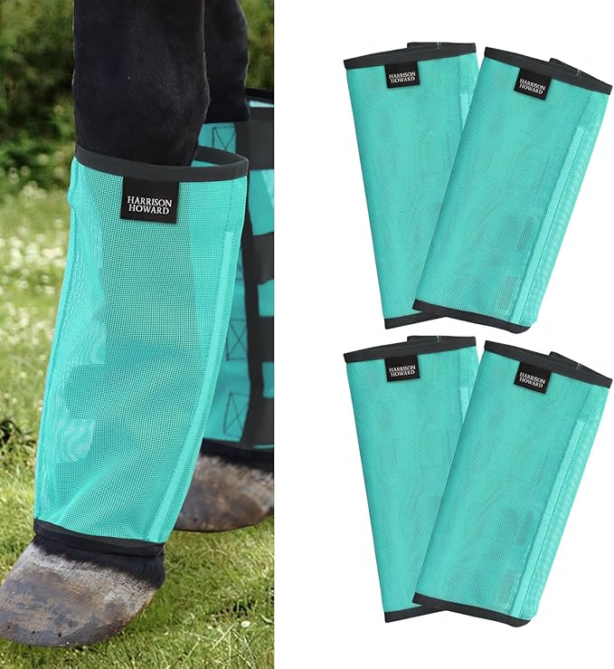 Harrison Howard Loose Fitting Fly Boots UV-Protective Extra Tough Mesh Ventilated Four Fasteners Stay-on Design Protect Horse Legs & Stomp-Reducing Set of 4 Mint Small