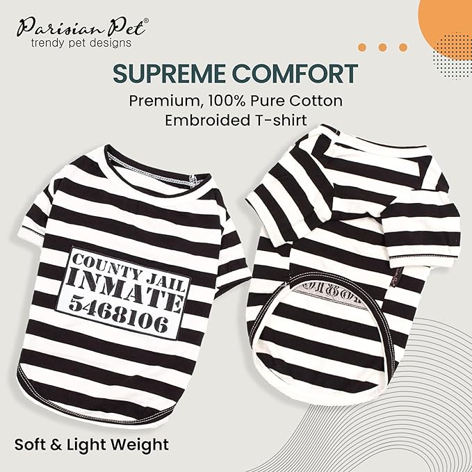 Parisian Pet Dog Shirt - Prisoner Costume - Black and White Striped Cotton Clothes - Lightweight Polyester Sleeved Outfit for Large Dogs - 4XL