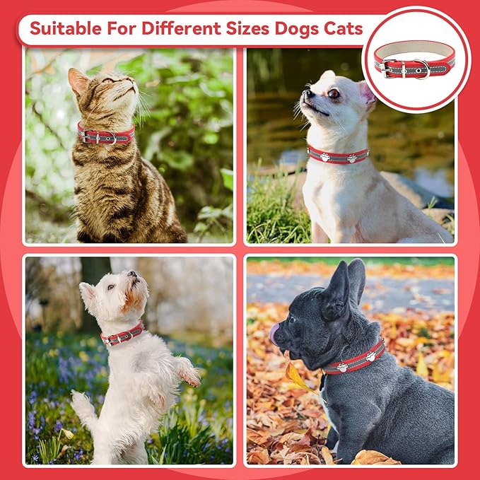 PETCARE Reflective Dog Collar with Cute Paw Rivet Studded Funny Soft PU Leather Adjustable Puppy Dog Collars for Small Medium Large Dogs Cats (Red,Small)