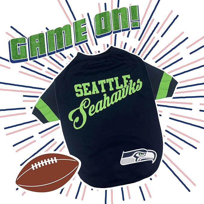 Pets First NFL Seattle Seahawks T-Shirt for Dogs & Cats, Medium. Football Dog Shirt for NFL Team Fans. Stripe Design, Durable & Cute Sports PET TEE Shirt Outfit (SEA-4146-MD)