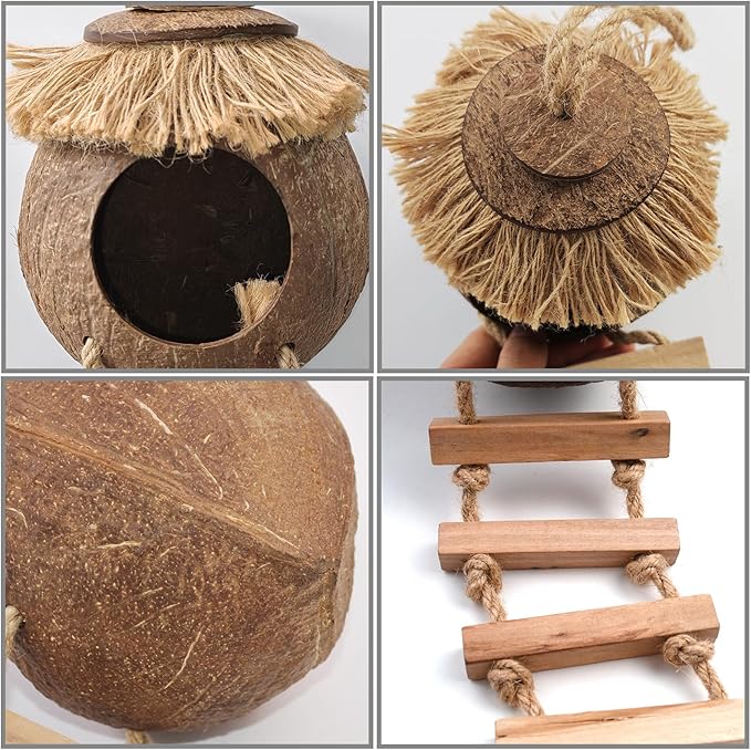 Gecko Tank Accessories,Grested Gecko Coconut Hideout Hut with Ladder Reptile Hanging Plants Climbing Bearded Dragon Hammock Flexible Jungle Vine Leaves Terrarium Decor