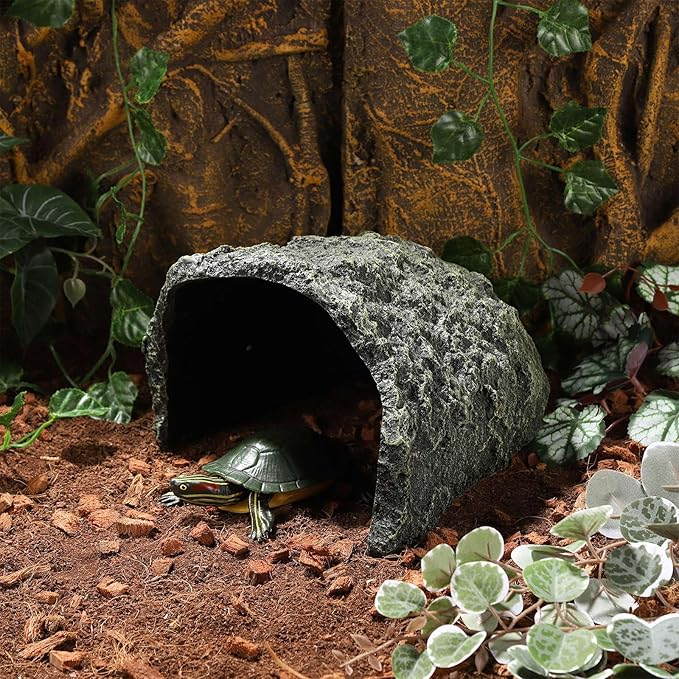 IBWell 9.1 Inch Reptile Hides Resin Tortoise Hideout for Hiding and Basking Aquarium Rock Caves for Snake Bearded Dragon Fish Lizard