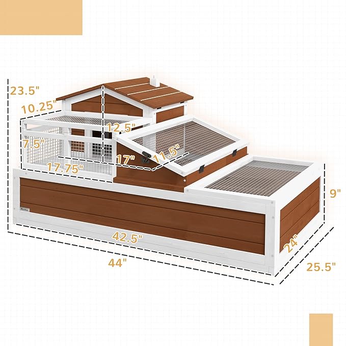 PawHut 3- Room Tortoise House Habitat with Balcony & 2 Stories, Indoor/Outdoor Wooden Tortoise Enclosure with Ladder, Tray, Openable Roof, Large Reptile Cage, 44" x 25. 5" x 23", Coffee