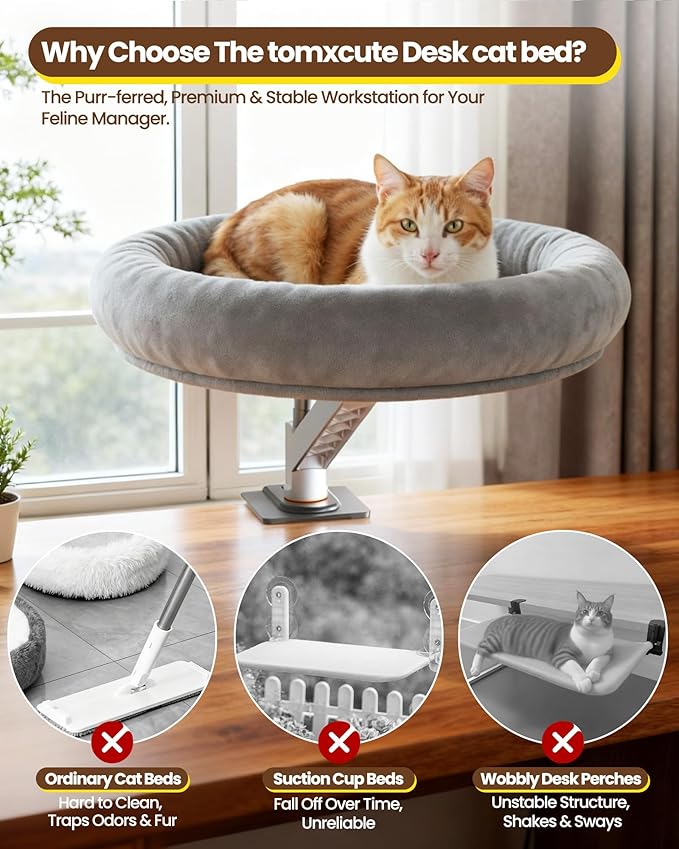 tomxcute Cat Bed for Desk, Adjustable Height Desk Perch with 360° Rotation, Space-Saving Perch for Your Furry Colleague, Removable Washable Office Cat Bed