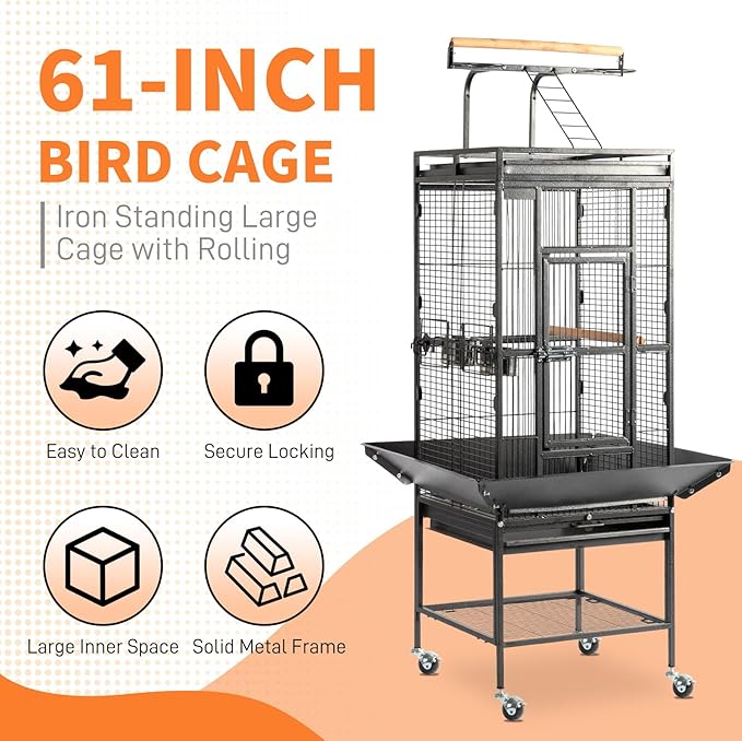 VINGLI 65-Inch Wrought Iron Bird Cage with Playtop | Durable Large Flight Cage with Ladder & Rolling Stand for Parrots, Cockatiels, Budgies, Lovebirds, Small/Medium Birds