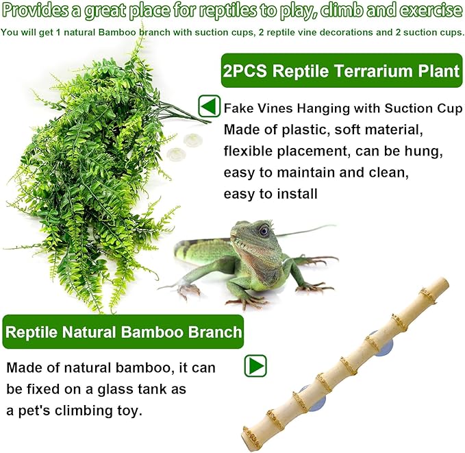 kathson Reptile Corner Branch Decor,Leopard Gecko Climbing Bamboo Wood with Suction Cup,Bearded Dragons Habitat Hanging Vines Plants Decoration,Lizards Tank Accessories for Amphibians,Snakes,Frogs