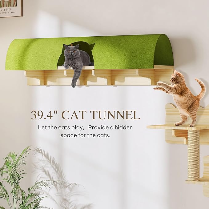 Cat Wall Shelves, 7-in-1 Solid Wood Wall-Mounted Cats Furniture Set with Scratching Post, Cat Climbing Wall Systems with 40''L Tunnel, Steps, Cats Shelf Furniture
