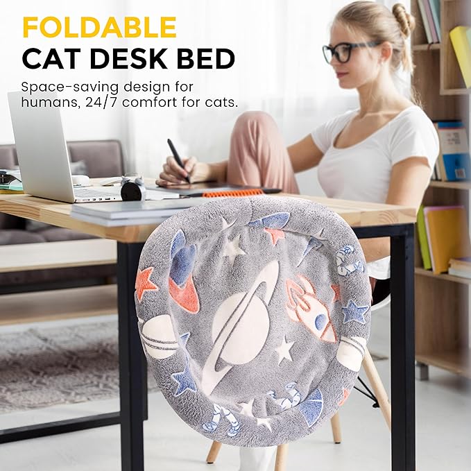 Cat Desk Bed Hammock, Heavy-Duty Metal Frame and Clamp Support up to 40 lbs, Glow in The Dark Fabric, Sunken Design, Foldable and Washable, Indoor Cat Furniture for Office, Game Tables