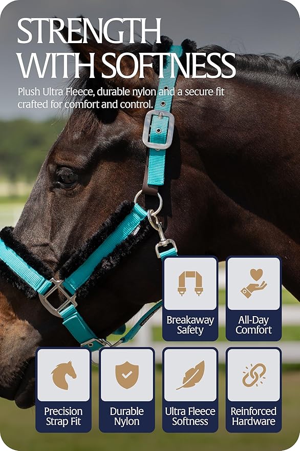 Equinavia Valkyrie Ultra Fleece Breakaway Horse Halter | Padded Fleece Adjustable Safety Halter with Nylon Webbing - Turquoise/Black - Warmblood