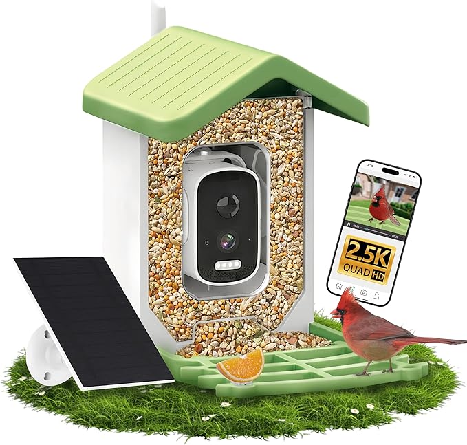 Bird Feeder with Camera Solar Powered, AI Identify Birds Species 10000+, 2.5K HD Video App Live View, Smart Bird Feeder for Outdoors Backyard, Gifts for Birdlovers Mom Dad