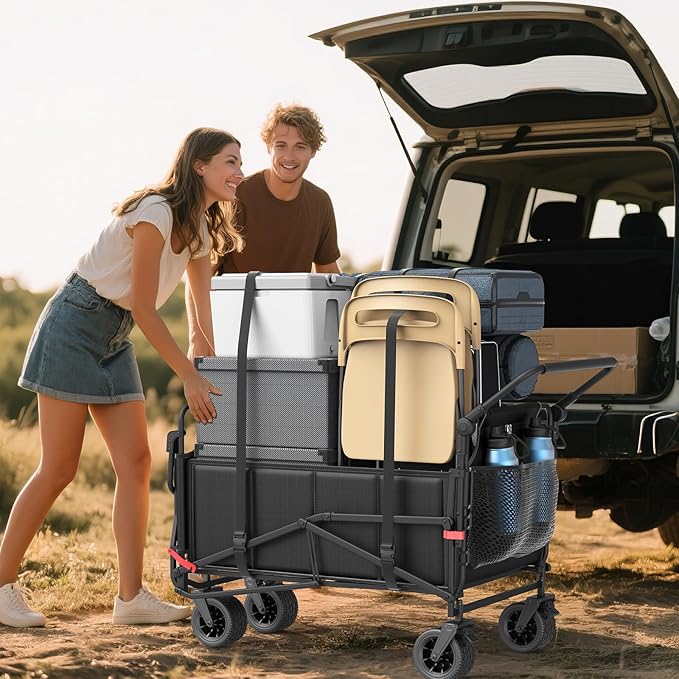 LEVELEVE Heavy Duty Folding Wagon - 2-in-1 Collapsible Cart, 650lb Capacity, All-Terrain Wheels w/Brakes & Side Pockets (Black)
