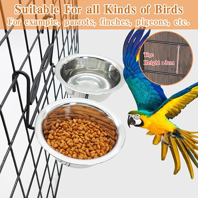 kathson Stainless Steel Bird Bowls for Cage, 2 PCS Metal Pet Food Water Dishes with Holder Feeder Cage Coop Hook Feeder Cups for Birds, Parrots, Small Sized Dogs and Cats (6.7 Inch Dia)