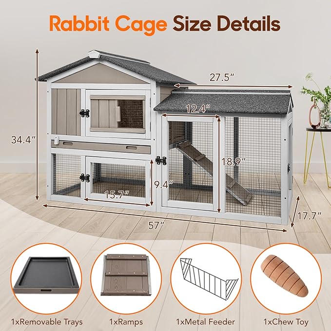 Rabbit Hutch 2-Story Bunny Cage with Chew-Proof Ramp Slide for Indoor Outdoor Guinea Pig Cage with Cleaning Tray & Waterproof Roof for Small Bunny Rabbit Chicken