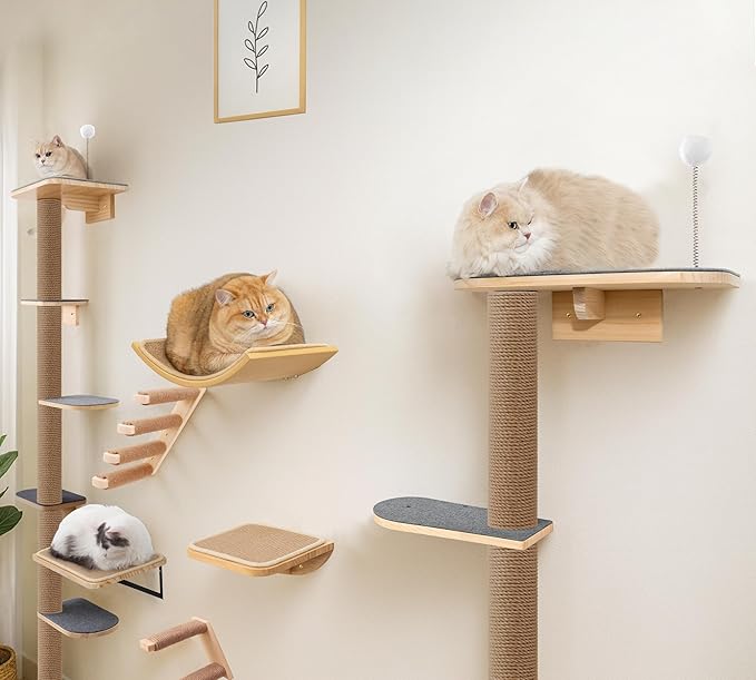 5-Tier Floor-to-Ceiling Cat Tree Tower, Upgraded Grey Felt Kittens Wall Shelves, Rotatable Platforms & 3-Inch Wall Gap, Wild Simulation Kitten Playground