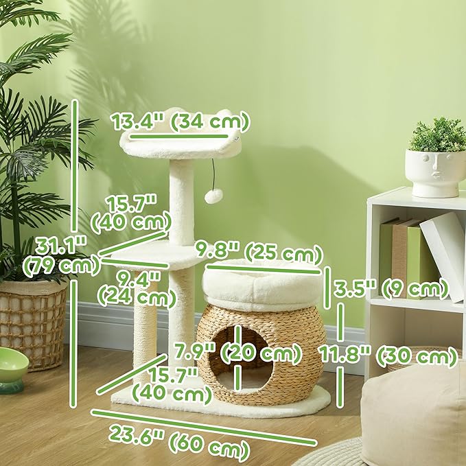 PawHut 31" Cat Tree, Cat Tower for Indoor Cats with Sisal Scratching Posts, Cat Condo, Cat Beds, Platform and Toy Ball, Cat Activity Center, Cream White