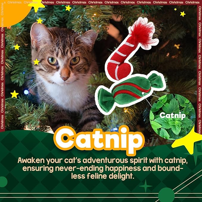 ALL FOR PAWS Christmas Cat Toys with Catnip, Teething Chew Bite Resistant Toy for Indoor Cats, Xmas Gift Kitten Toys, Interactive Kitten Toys