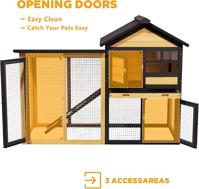 Bunny Cage Premium Rabbit Hutch with Leak-Proof Roof, 2-Story Bunny House for Guinea Pigs & Hamster, Wooden Chicken House with Deep Pull-Out Tray, Waterproof Chicken Coop for Outside (Yellow Black)