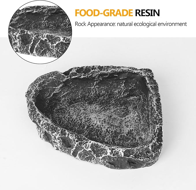 Reptile Water Dish Food Bowl for Bearded Dragon Tank Accessories, Reptile Rock Feeder for Tank 2 Pack Corner Resin Terrarium Bowl for Leopard Gecko Hermit Crab Tortoise Snake, Black